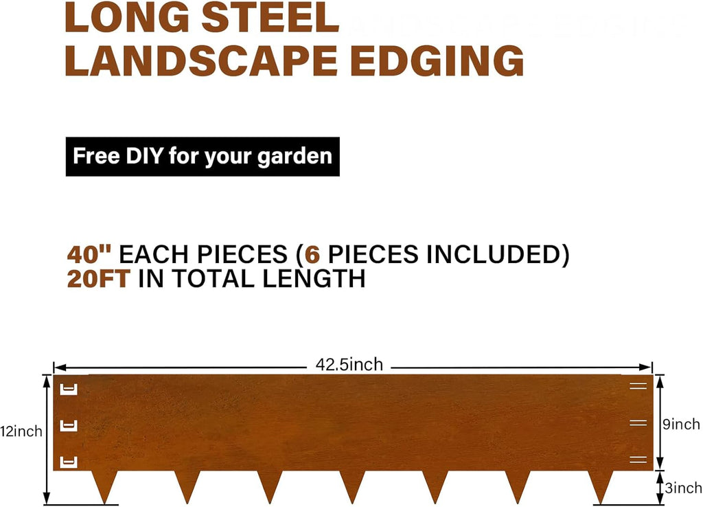 Cor-Ten Steel Landscape Edging 12 Inch,20Ft 6-Pack Rust-Resistant Metal Landscape Edging,Steel Edging for Landscaping,Yard,Garden,Lawn