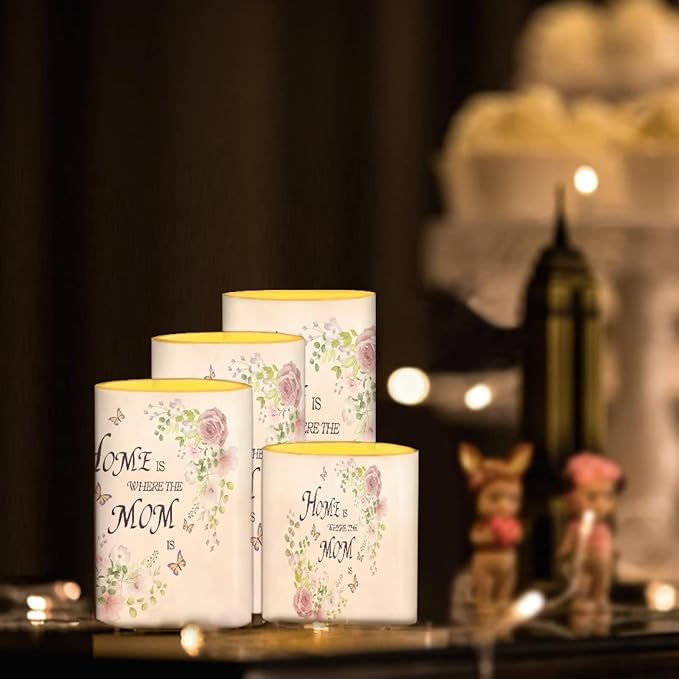 Mother's Day Decor Flameless Light Candles 4 PC, Home Is Where The Mom Is, Battery Operated Candles with Colorful Light Timer Remote Control Fake Tealights Home Ornaments, Pink Rose Butterfly