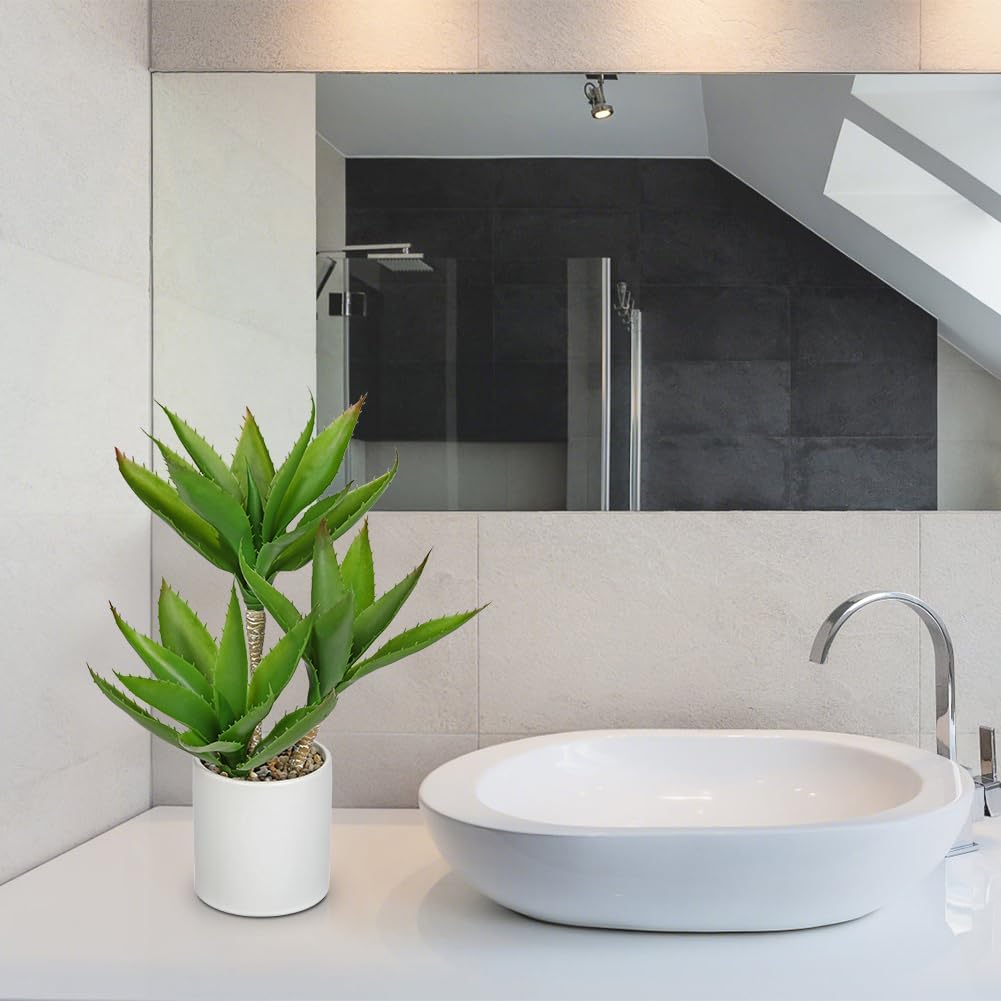 Hollyone Large Artificial Agave Plants Fake Three-Head Agave Succulents Plant Potted 17" Faux Plant in White Pot Succulent Aloe Vera Plants Indoor for Desk Modern Home Decor