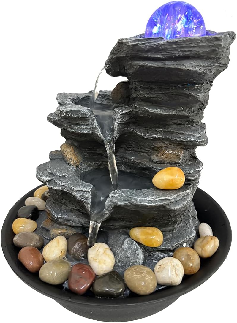 Indoor Tabletop Water Fountain Rotating Ball Rock Waterfall Fountain with Colorful Lights and Natural River Rocks, Zen Meditation for Home Office Decor