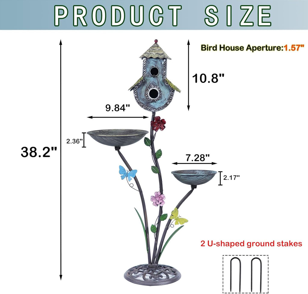 38" H Birdbaths for Outdoors,Metal Bird Feeder and Bird Houses for Outside,3-in-1,Garden Yard Decor