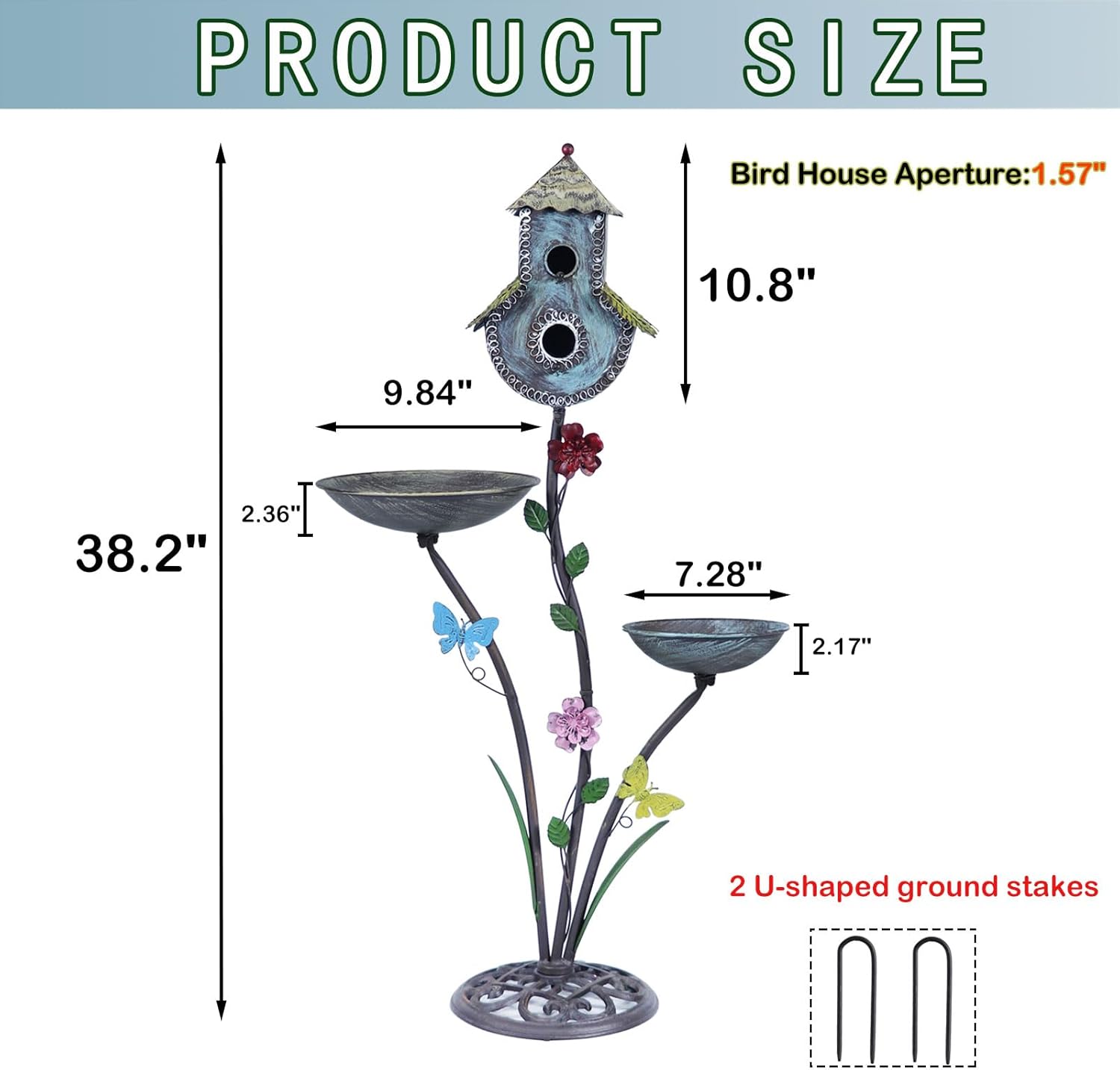 38" H Birdbaths for Outdoors,Metal Bird Feeder and Bird Houses for Outside,3-in-1,Garden Yard Decor