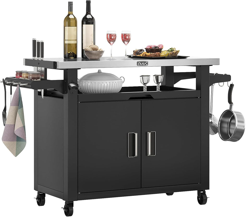 NUUK Outdoor Grill Cart with Storage Cabinet Metal Kitchen Island Prep Table with Movable Universal Wheels and Stainless Steel Top for Outside BBQ Backyard Include Hooks Spice Rack