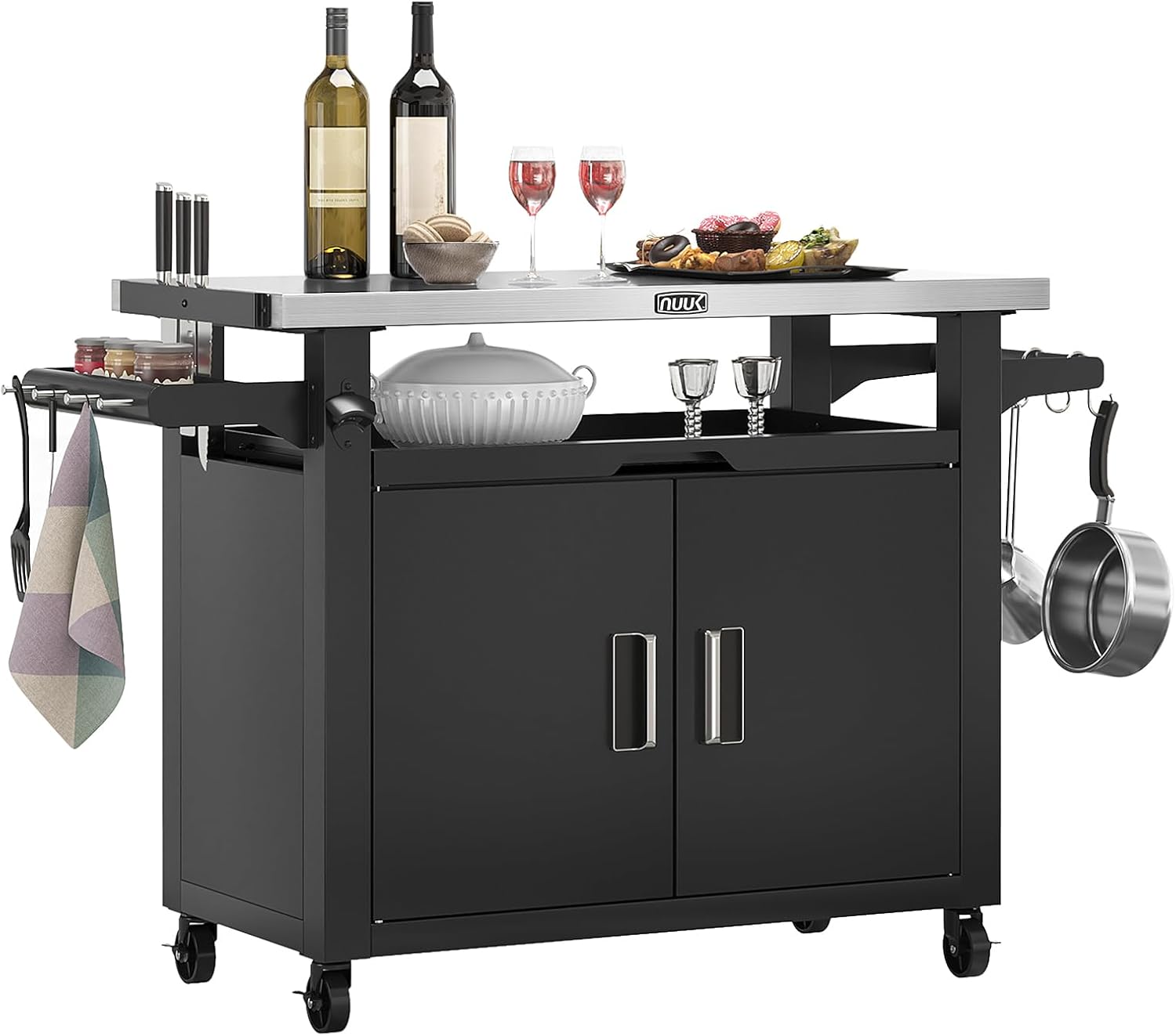 NUUK Outdoor Grill Cart with Storage Cabinet Metal Kitchen Island Prep Table with Movable Universal Wheels and Stainless Steel Top for Outside BBQ Backyard Include Hooks Spice Rack