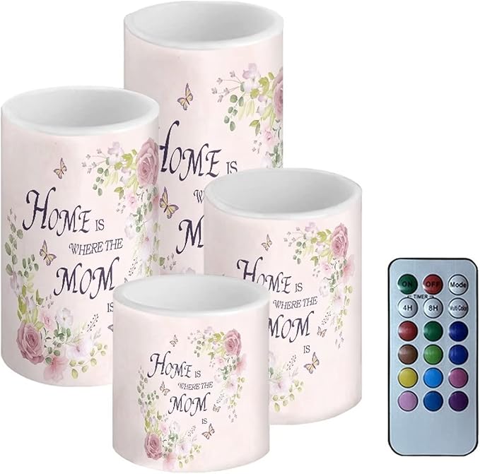 Mother's Day Decor Flameless Light Candles 4 PC, Home Is Where The Mom Is, Battery Operated Candles with Colorful Light Timer Remote Control Fake Tealights Home Ornaments, Pink Rose Butterfly