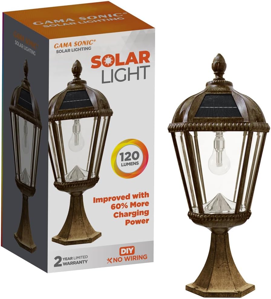 Gama Sonic Outdoor Solar Post Light with Pier Base, Weathered Bronze Finish Aluminum and Beveled Glass, Royal Bulb 150 Lumens Warm White LED, Mount on Column or Flat Surface 98B311, Upgraded Panel