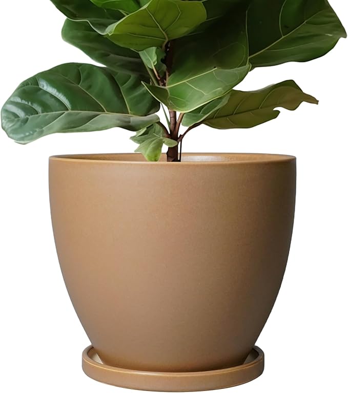 10 Inch Planter - Ceramic Pots for Plants, Planters with Drainage Hole and Tray, Modern Flower Pots Indoor, Home Living Room Patio Porch Garden Office Decor, Brown
