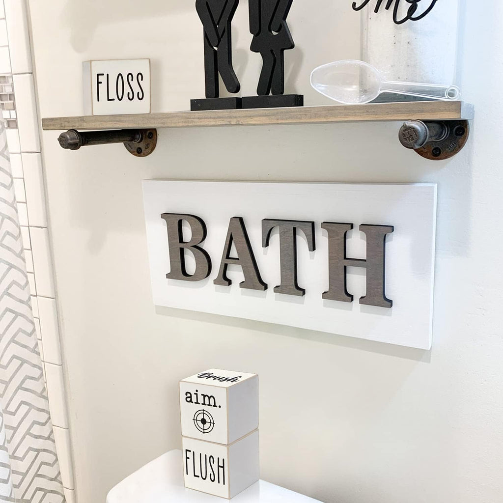 Farmhouse Funny Bathroom Decor, 4-Sided Wooden Blocks, Country Rustic Cute Bathroom Sign for Shelf, Black and White House Home Decorations Accents, 2.8