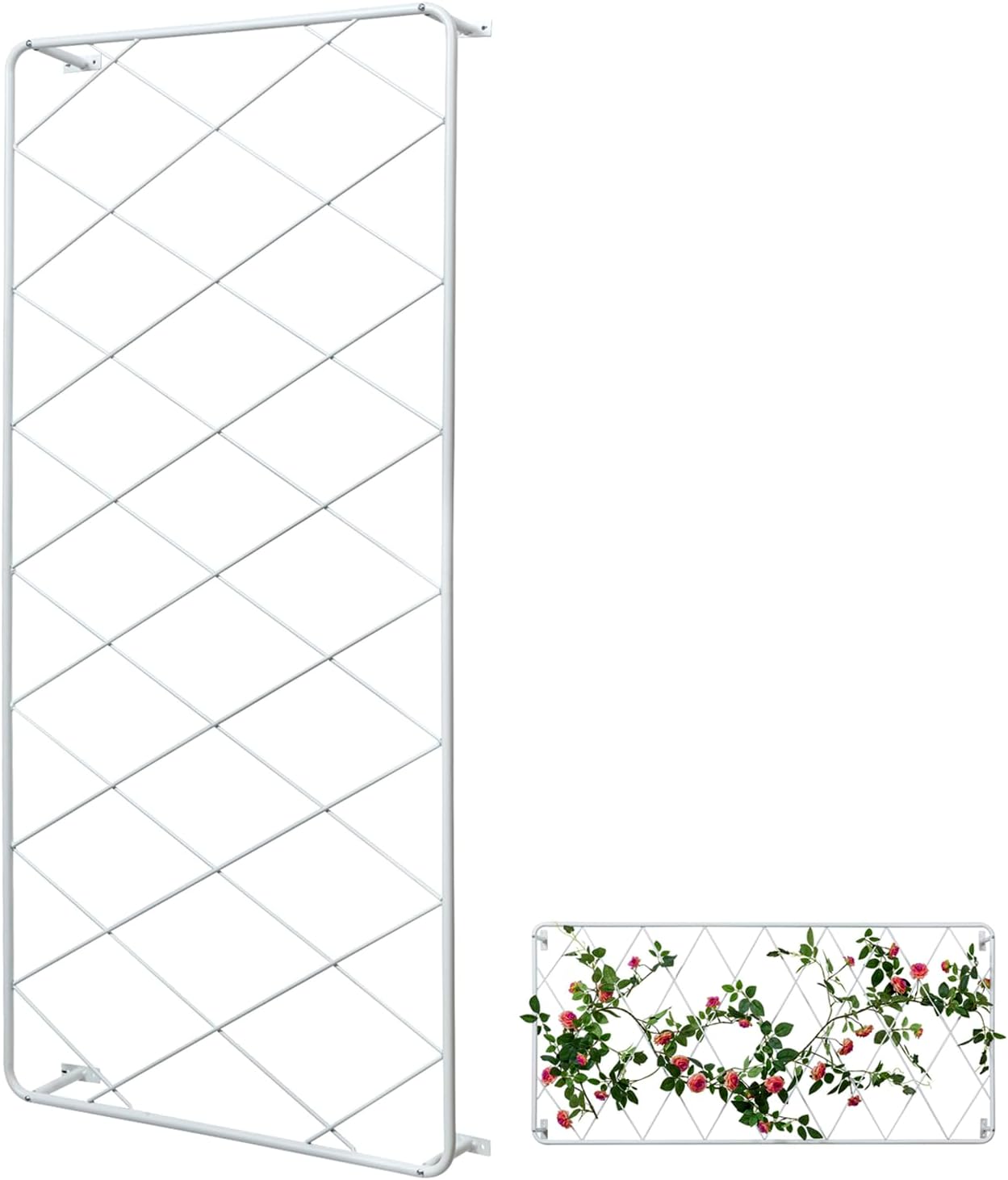 MyGift 50 by 24 Inch Single Panel Wall Mounted Garden Trellis with Metal Diamond Screen, Hanging Lattice Support Frame for Outdoor or Indoor Climbing Plant Vines (Matte White, 1 pc)