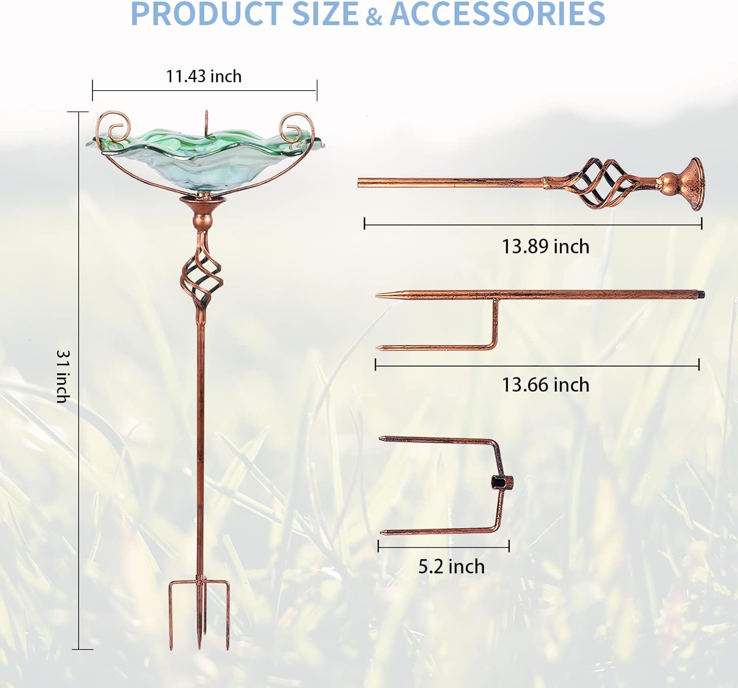 VCUTEKA Bird Bath Glass Outdoor Birdbaths Garden Yard Decor Bird Feeder with Metal Stake Green