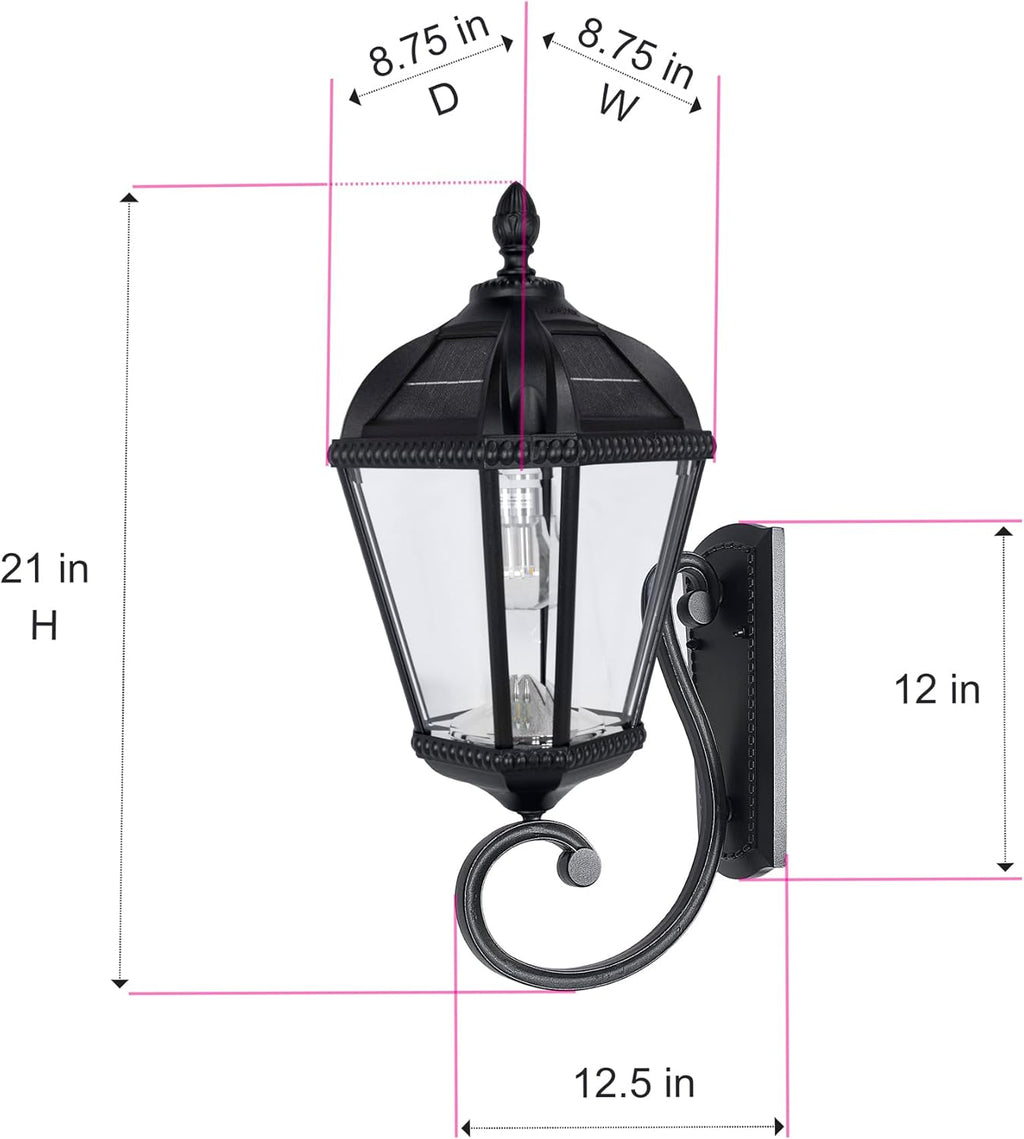 Gama Sonic Solar Outdoor Wall Light, Royal Bulb Exterior Sconce Lamp, Black Cast Aluminum, Clear Beveled Glass, Warm White LED with Omni-Direction Reflector, Large 21-Inch Height, 98B010 (Upgraded)