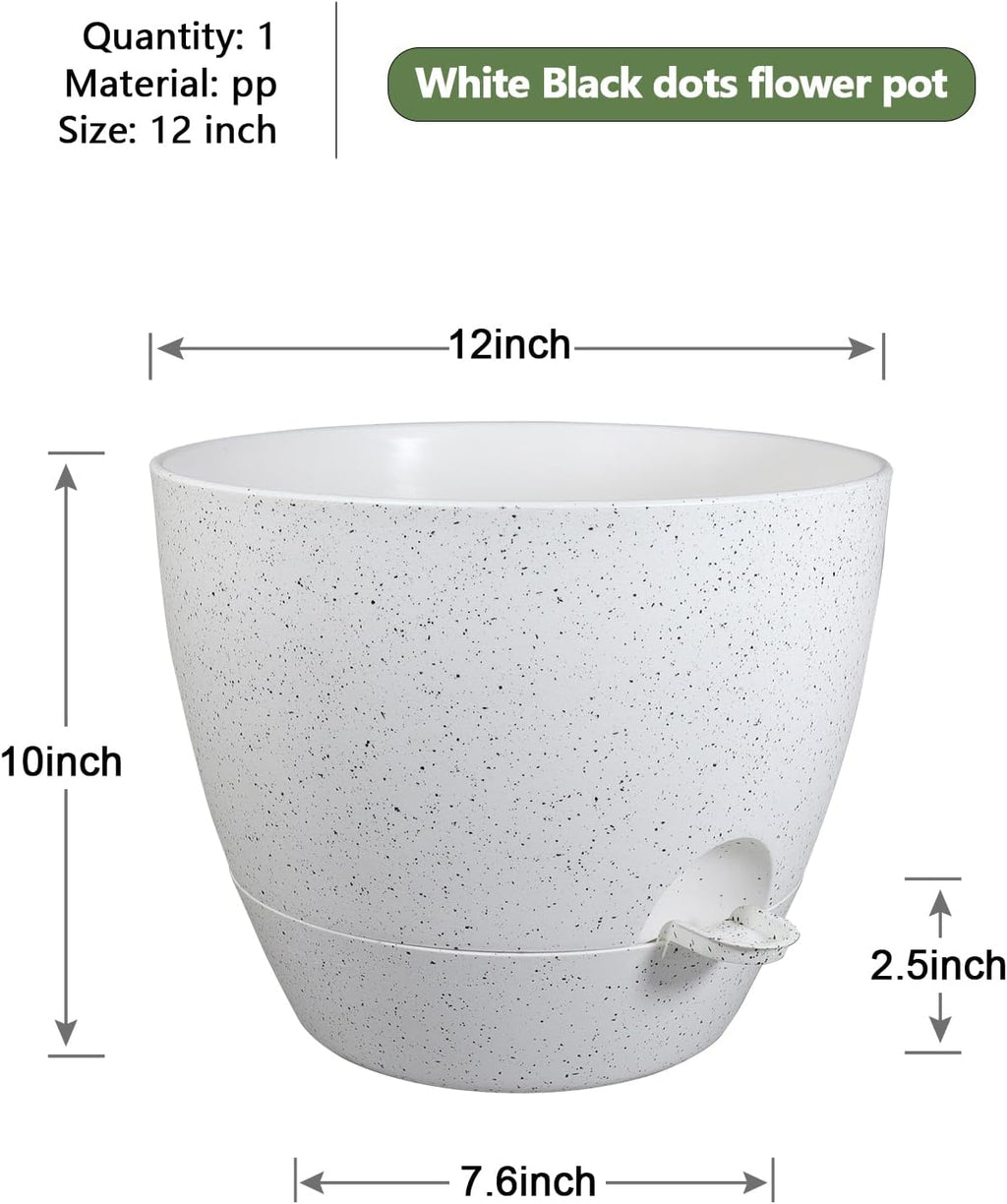12 inch Large Self Watering Pots, Planter, Plant Pots with Multi Mesh Drainage Holes for Indoor Outdoor House Plants and Garden, Plastic Flower Pots with Deep Reservoir, Speckled White