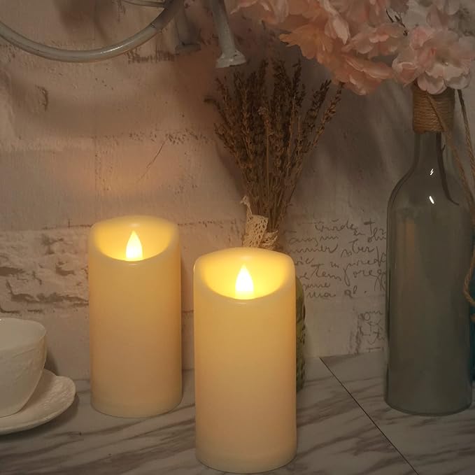 Waterproof Outdoor Battery Operated Flameless Pillar Candles with Timer White Plastic Realistic Flickering Fake Electric LED Lights for Lantern Garden Wedding Christmas Decorations 3”x6” 2 PCS