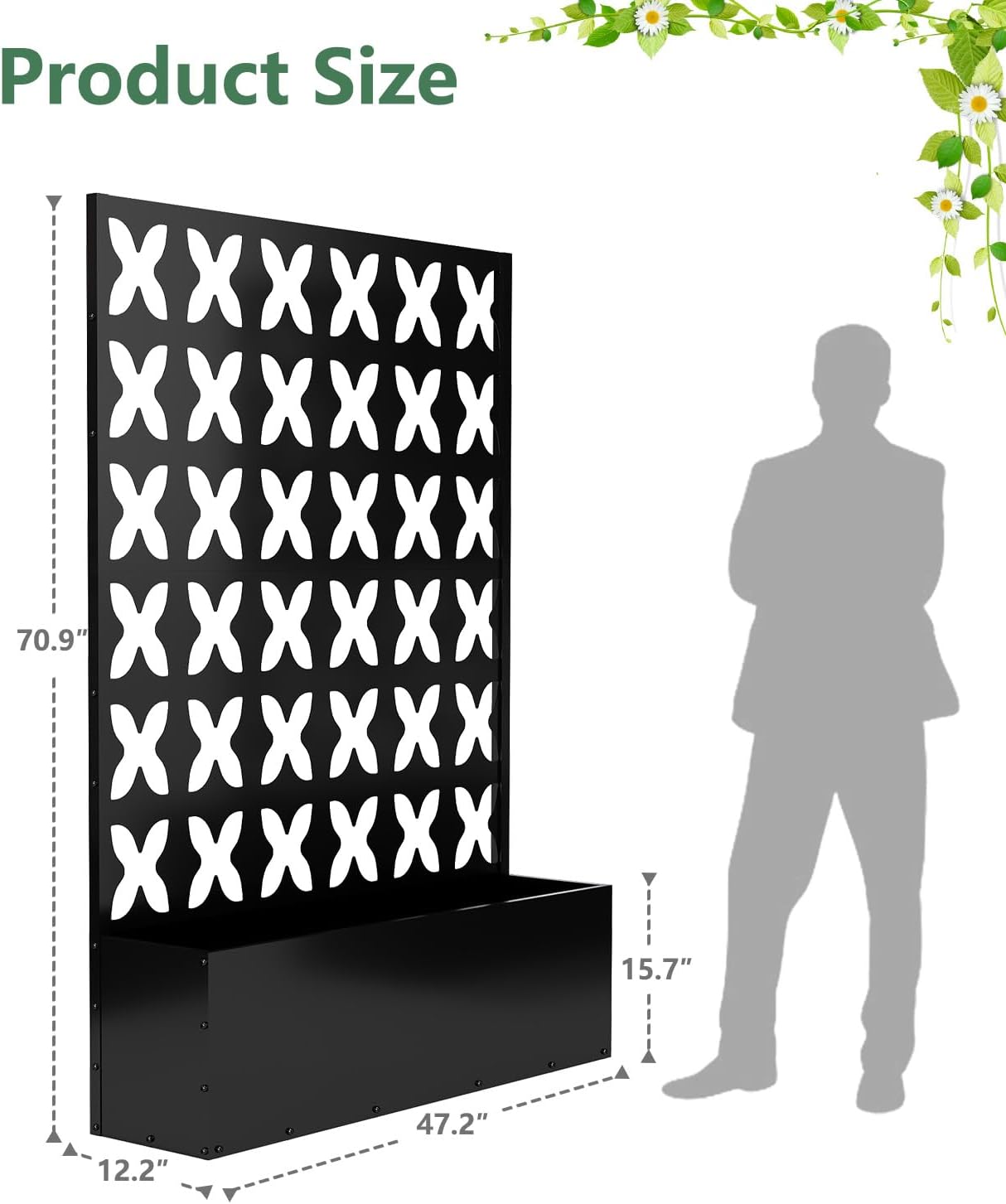 2PCS Metal Planter Box with Trellis,70.9"x47.2"x15.7" Raised Garden Bed with Drainage Holes, Privacy Planters for Outdoor Garden Bed for Climbing Plants,Vegetables,and Vines, Black-X