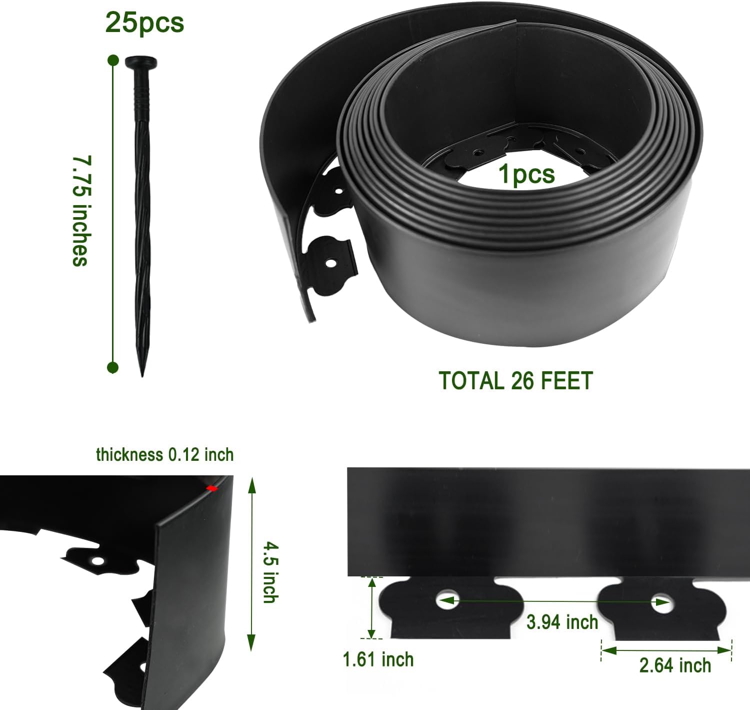 Hugeleaf 26 Feet Landscape Edging with 25pcs Spikes 4.5 Inch Tall Garden Edging for Landscaping, Garden, Flower Beds, Lawn (Black)