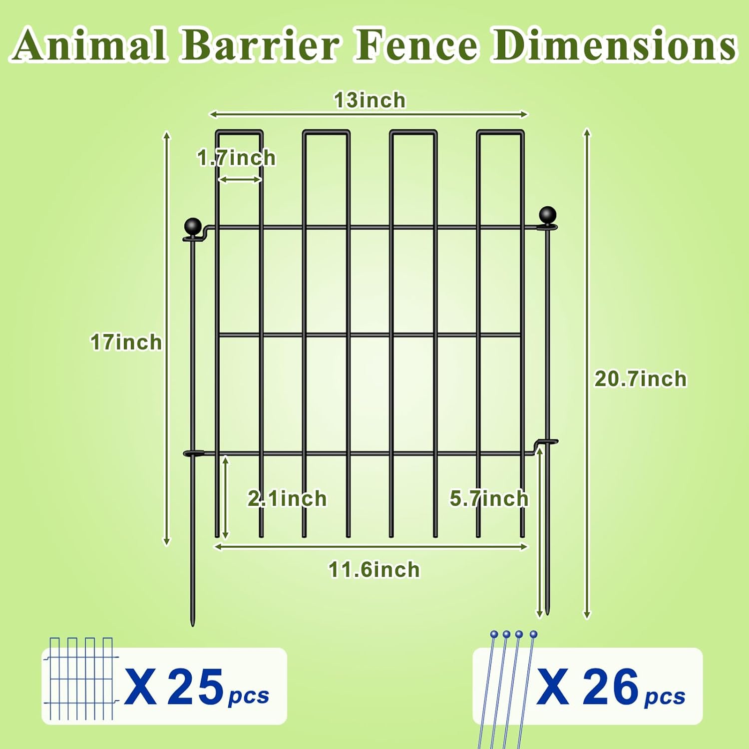 Animal Barrier Fence, 25 Panels Garden Fence Animal Barrier, 27 ft(L)×17 in(H), No Dig Fences for Dogs and Rabbits, Rustproof Metal Garden Fencing, Under Fences Border Barrier for Outdoor, Yard, Patio