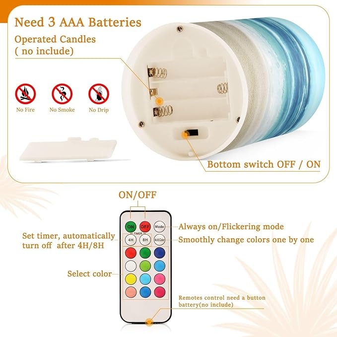 Flickering Flameless Candles, Shells Summer Sandy Beach LED Candles with Remote Timer, Set of 2 Battery Operated Candle for Valentine Wedding Birthday