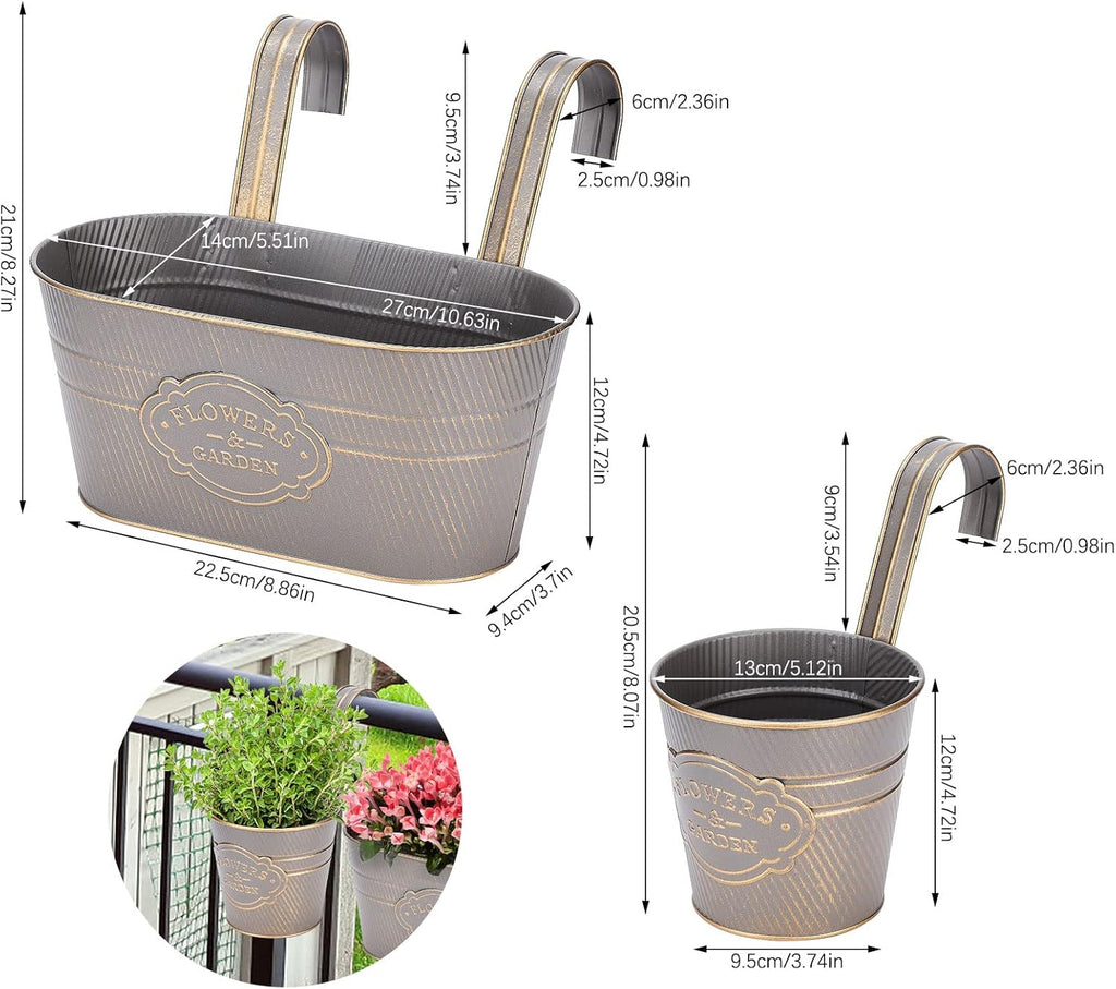 PerGar Vintage Metal Iron Wall Hanging Flower Pots, Rustic Planter Bucket Herb Flower Plant Holder with Detachable Hooks & Drainage Hole for Railing Fence Balcony Deck Garden Home Decoration, Set of 3