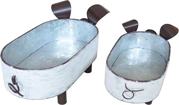 Galvanized Metal White Washed Farmhouse Pig Tray Distressed Pig Tabletop Centerpiece Décor Set of 2