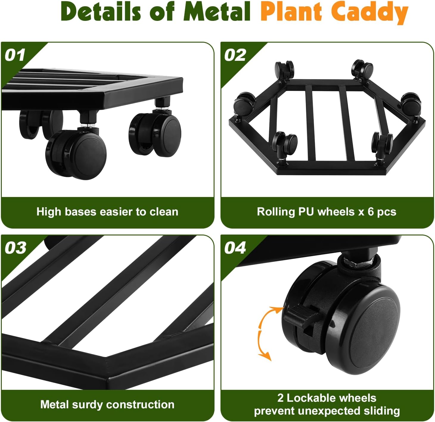 1 Pack 13 inches Large Metal Plant Caddy with Wheels Rolling Plant Stands Heavy-duty Wrought Iron Plant Roller Movers Indoor Outdoor Wheeled Plant Dolly with Casters Tray Coaster, Hexagon black