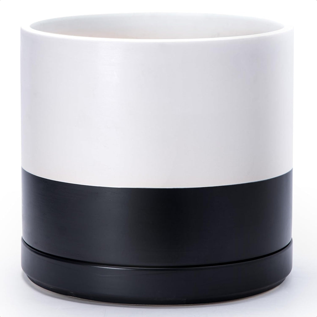D'vine Dev 14 Inch Ceramic Planter Pot with Drainage Hole and Saucer, Indoor Cylinder Round Planter Pot, Layered Monochrome Black & White, 94-O-G-L