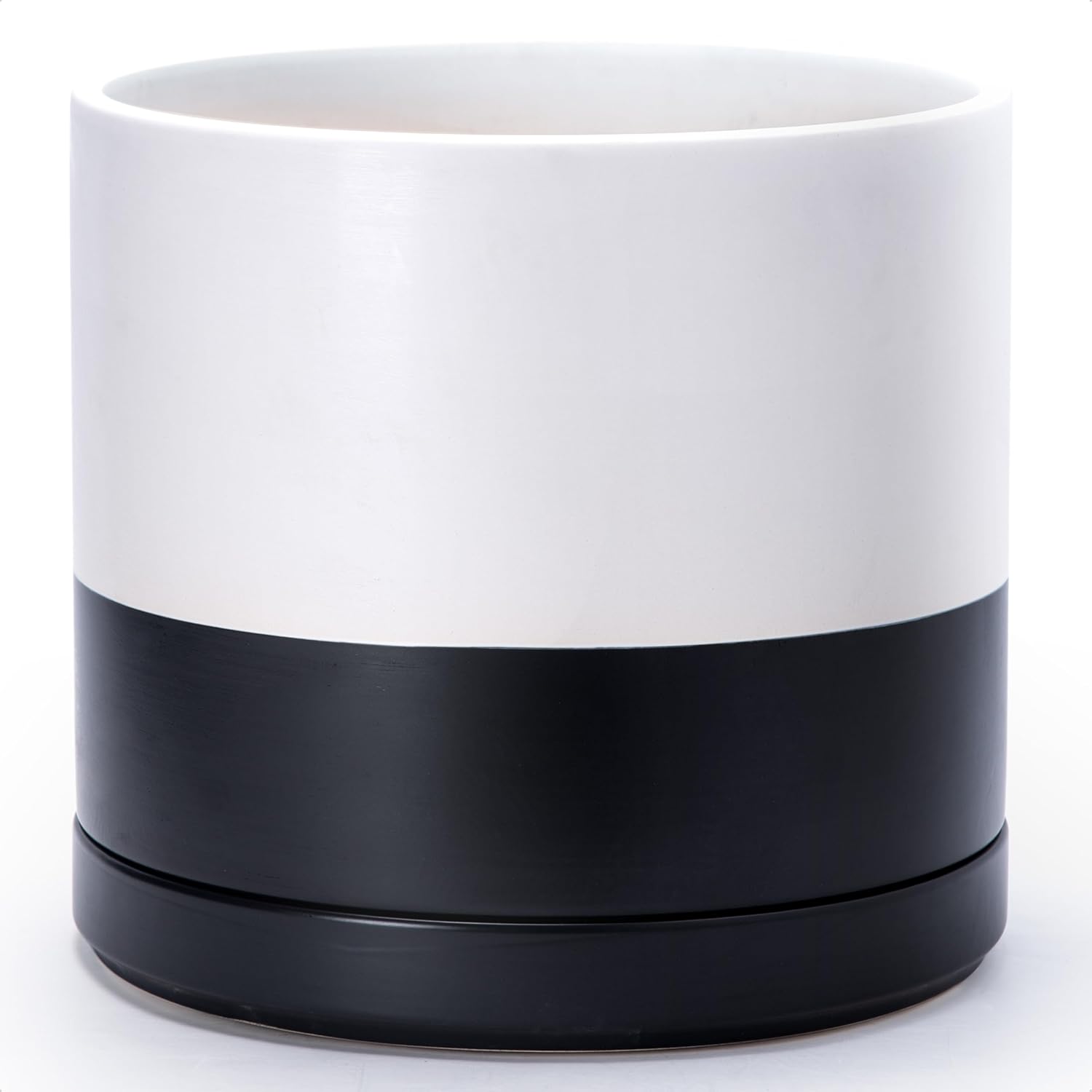 D'vine Dev 14 Inch Ceramic Planter Pot with Drainage Hole and Saucer, Indoor Cylinder Round Planter Pot, Layered Monochrome Black & White, 94-O-G-L