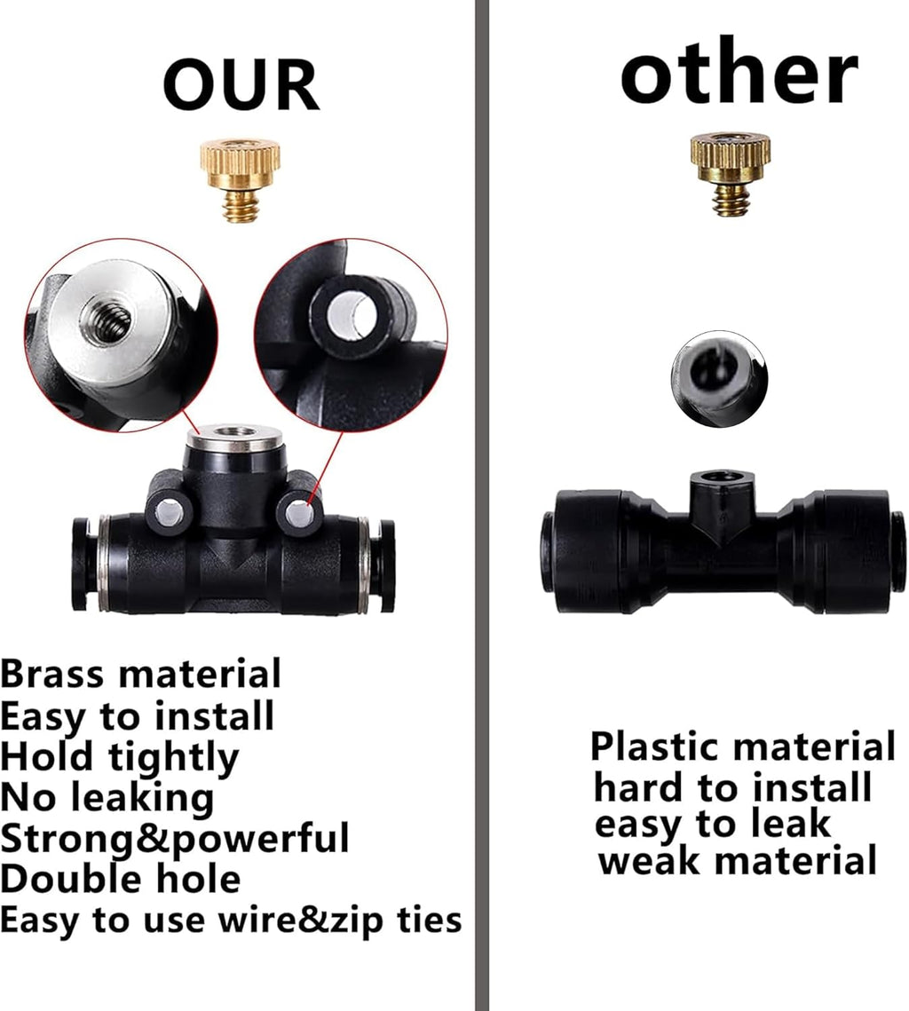 24 Pack Brass Misting Nozzles Outdoor Cooling System with 24 Heavy Duty Mister Nozzle,24 Tees,4 Brass Plugs,4 Black Plugs for Outdoor Cooling System