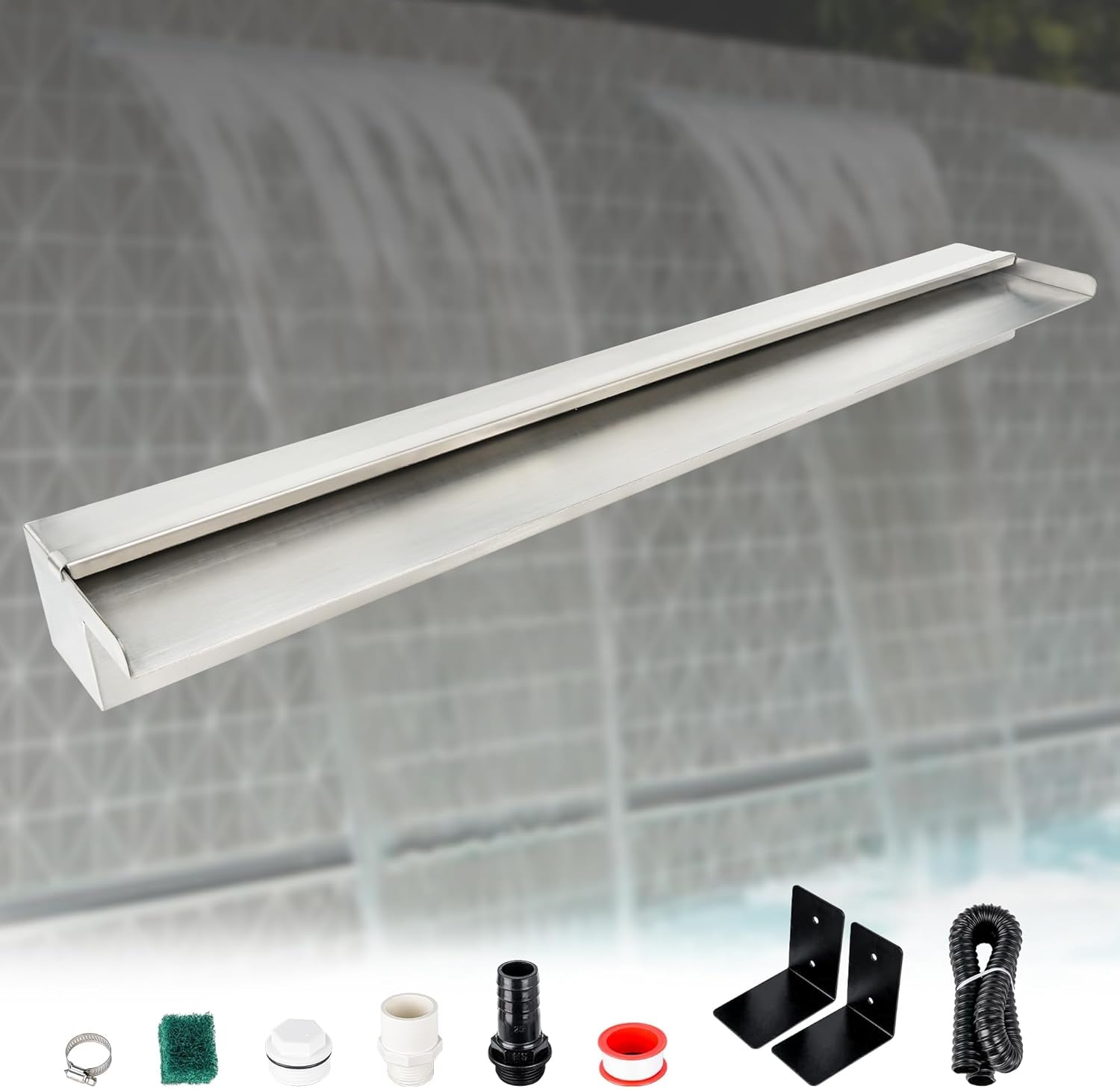 36 Inch Pool Fountain 304 Stainless Steel Waterfall Spillway with Pipe Connector Kits, Wider Water Flow Sheer Descent Platform Water Feature Fountain for Swimming Pool, Outdoor Garden Decor
