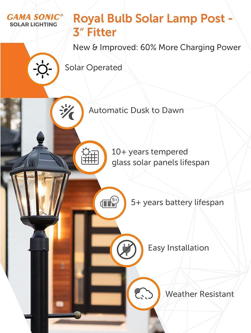 Gama Sonic Outdoor Solar Post Light, Black Aluminum, Royal Bulb, Rain Water Glass, Single Lamp with 3-inch Fitter for Lamp Posts Warm White LED, 98B012 (Upgraded Panel and Battery)