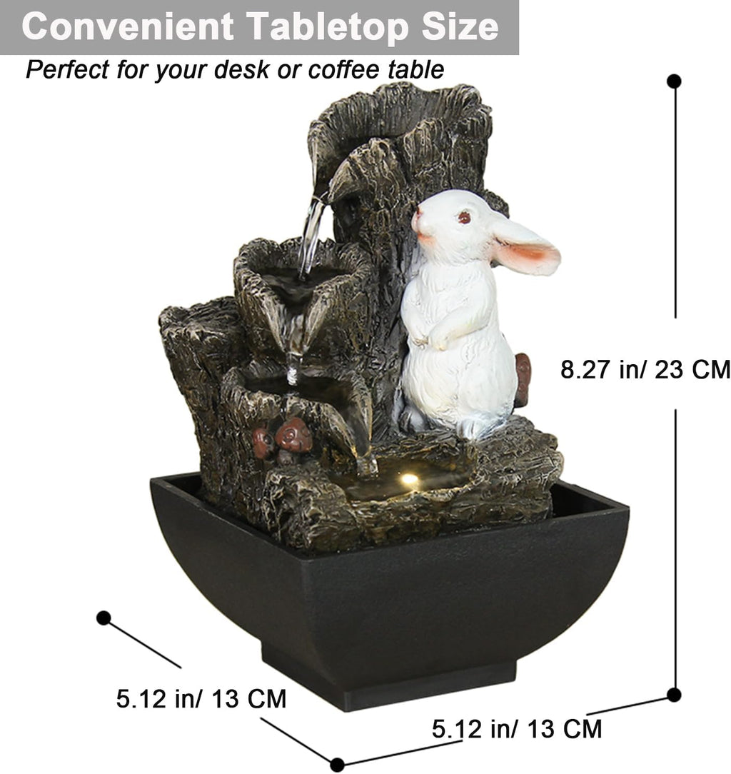 Small Cascading Rock Tabletop Fountain, Cute Little White Rabbit Indoor Waterfall Fountain with Colored LED Lights and Rolling Ball, 3 Tiered Desktop Fountain for Office Home Bedroom