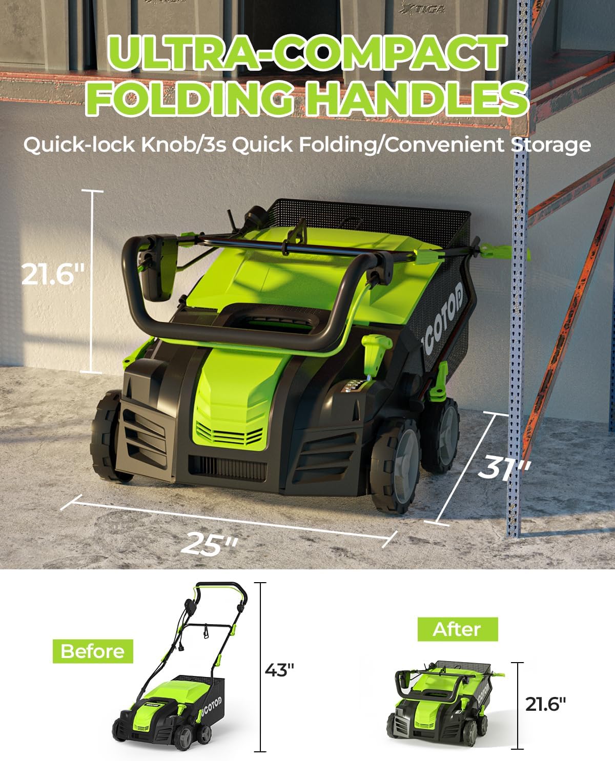 2-in-1 16-Inch Dethatcher & Scarifier Electric Corded, 15 Amp Copper Motor, Electric Lawn Dethatcher with 5-Position Depth Adjustment, 14.5 gal Thatch Bag,Walk Behind for Yard Lawn Garden Care