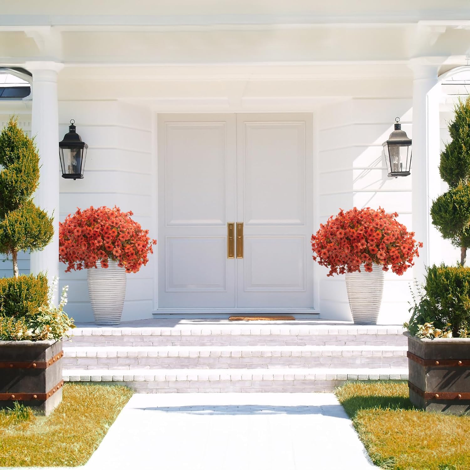 Fall Outdoor Artificial Flowers 16 Bundles - UV Resistant Faux Daisy with Eucalyptus Leaves, Weatherproof Fake Plants for Porch, Patio, Garden Decor, Indoor Outdoor Decor (Fall Orange Red)