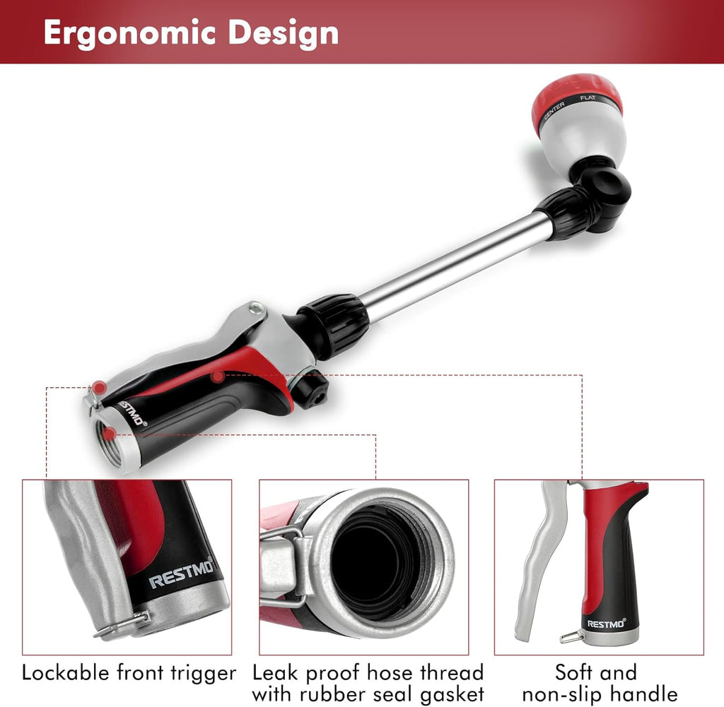 RESTMO Metal Watering Wand, Heavy Duty Garden Hose Wand with 180° Swivel Ratcheting Head, 16'' Hose Nozzle Sprayer with 7 Spray Patterns and Flow Control, for Water Hanging Baskets and Shrubs, Red