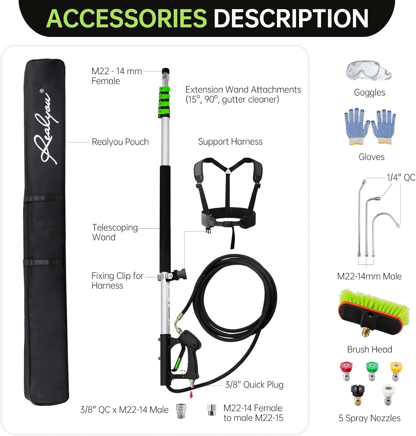 Realyou 24 FT Pressure Washer Telescoping Wand with Pressure Washer Extension Wand, Gutter Cleaner Tool, 5 Spray Nozzle Tips, 2 Hose Adapters, Support Belt and Bursh Head