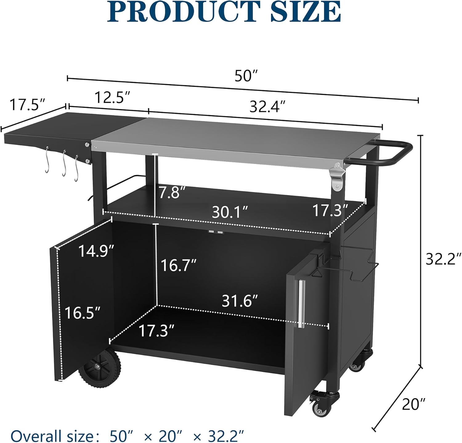 JY QAQA Outdoor Grill Cart with Storage,Patio Kitchen Island Outdoor Grill Table with Wheels,BBQ Cart Movable Pizza Oven Table Stand, Storage Cabinet, Foldable Tabletop, Black