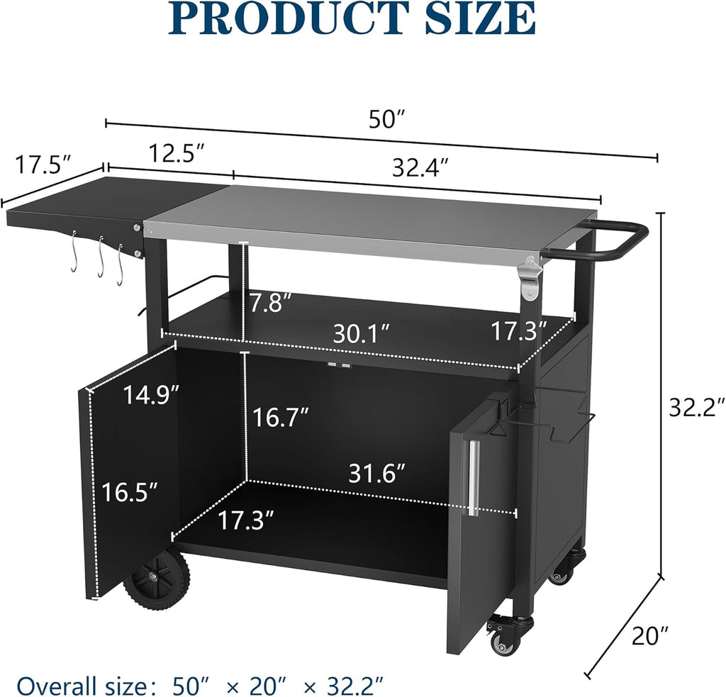 JY QAQA Outdoor Grill Cart with Storage,Patio Kitchen Island Outdoor Grill Table with Wheels,BBQ Cart Movable Pizza Oven Table Stand, Storage Cabinet, Foldable Tabletop, (Black)