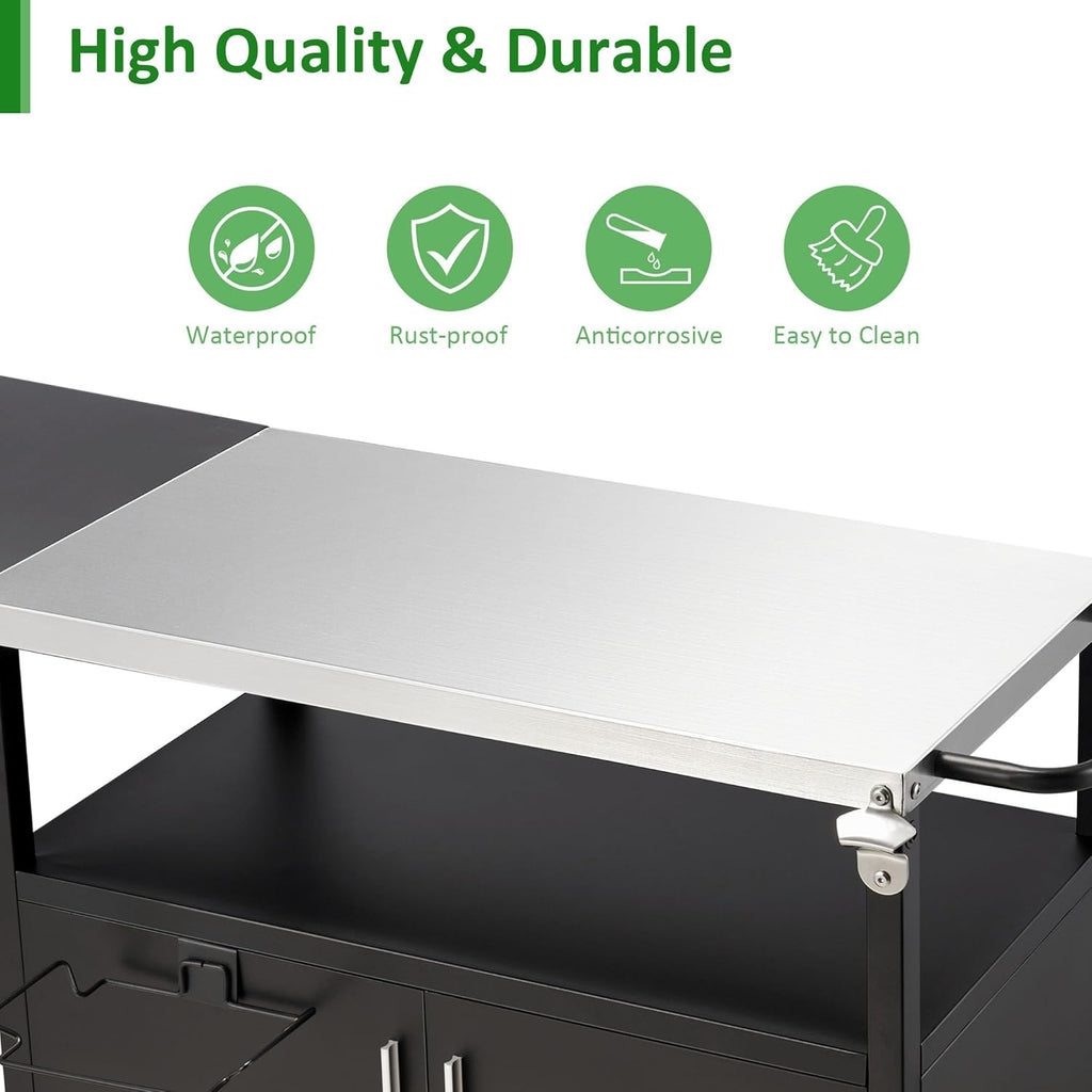 Outdoor Grill Cart with Storage Movable Grill Cart Outdoor Kitchen Island Pizza Oven Table Food Prep Table with Wheels Storage Cabinet for Outside Patio Backyard Garden