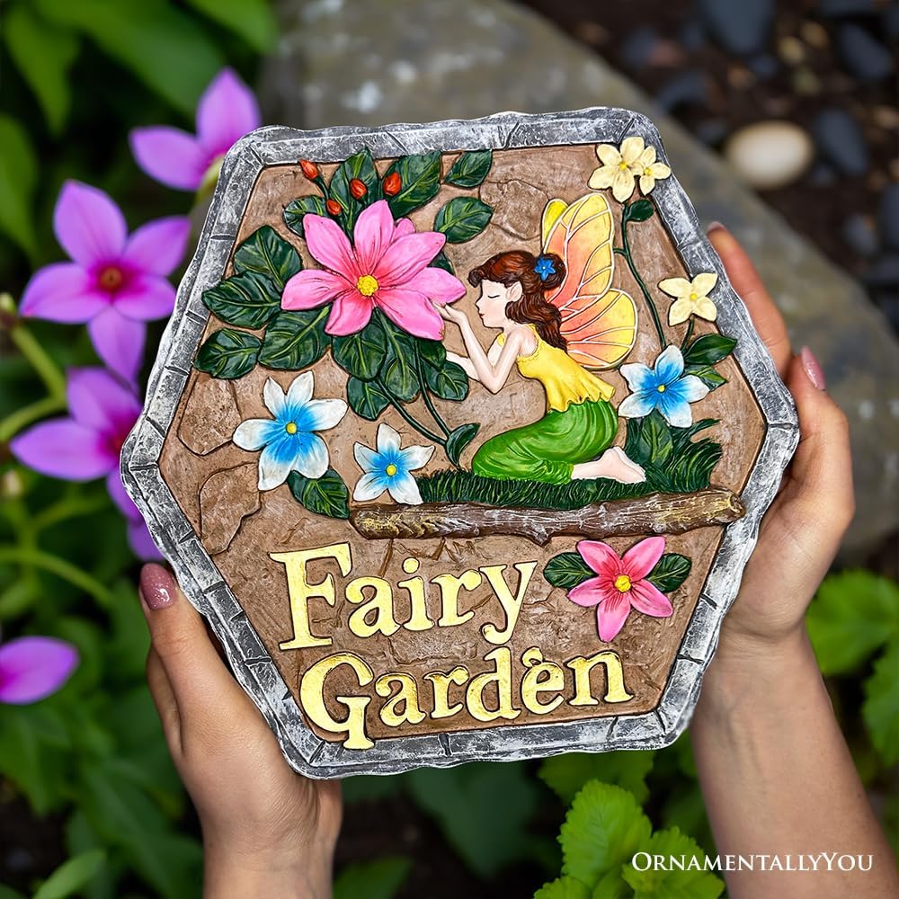 Elegant Resin Stepping Stone, Outdoor Garden Pathway Decoration (Fairy Kisses and Flowers Garden Stepping Stone, 9.5" Outdoor Decoration Statue)