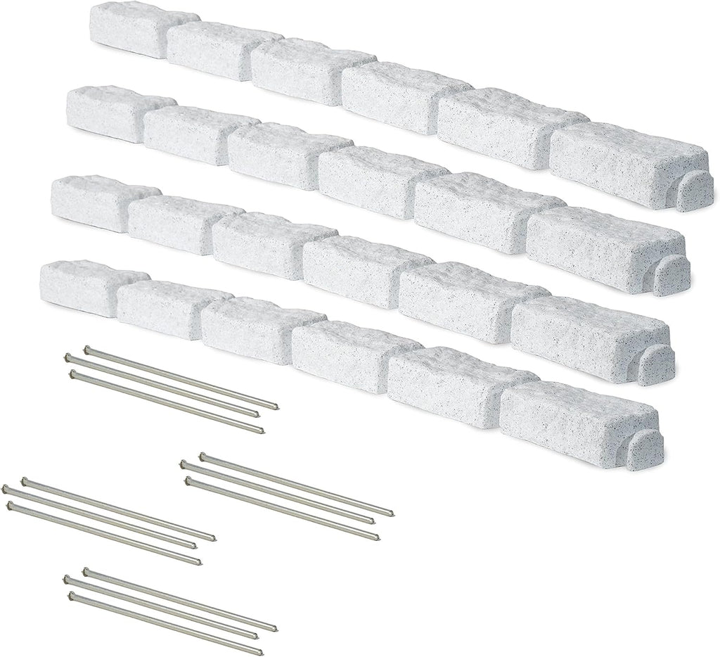 Beuta Landscape Edging | Garden Edging Border | No Dig Faux Stone Bricks & Spikes for Lawn Edging, Flower beds, Pathways & Yards – 4 Packs | Each Pack Has 6 Bricks 48" Lx 4" W x 2.25" H|Limewash