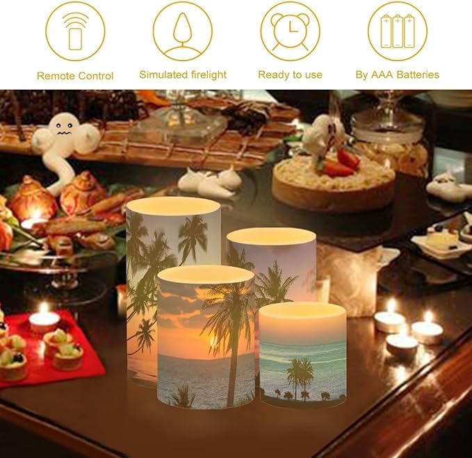 Flameless Light Candles for Home Decor, Battery Operated Candles with Color Changing Timer Remote Control 3'' 4'' 5'' 6'' Fake Pillar Candles Tealights, Coconut Tree Various