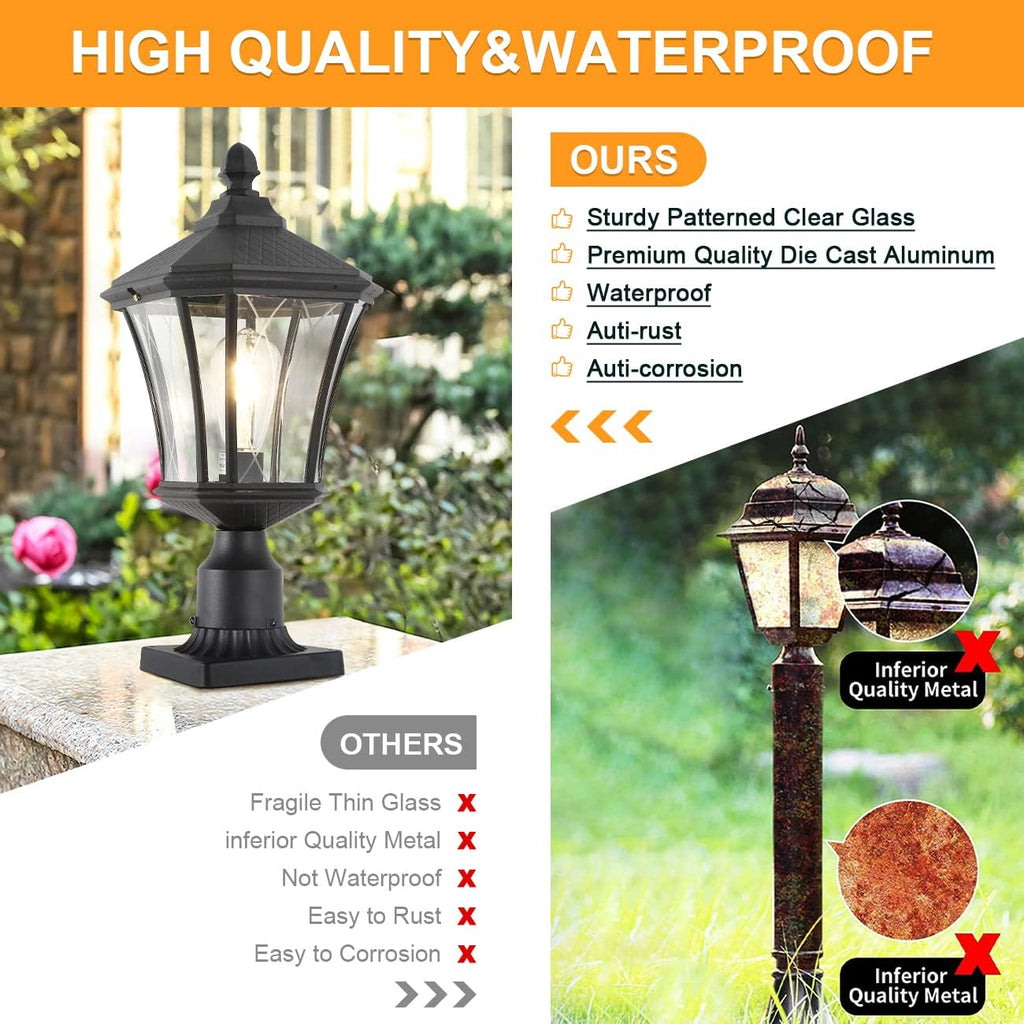 Post Lights Outdoor Post Lantern 20" Exterior Post Coach Light with Pier Mount Base, Weather Resistant Aluminum with Clear Glass Pier Mount Lantern Black Outdoor Pole Lamp for Patio, Porch, Yard