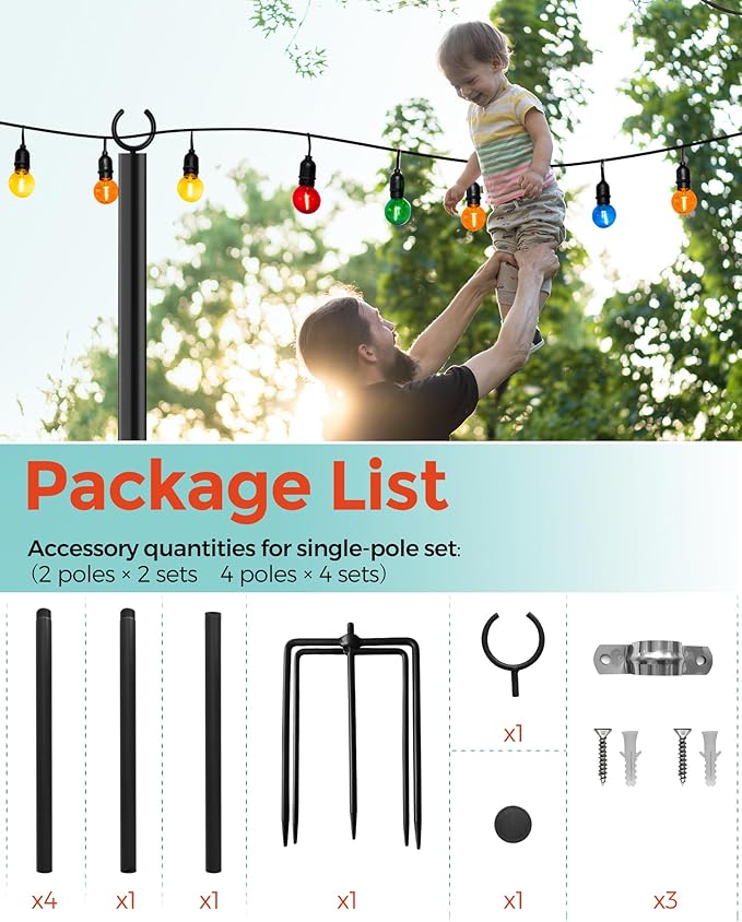 LAND·VOI 4 Pack String Light Poles, 9FT Heavy Duty Metal Light Poles for Outside String Lights, Outdoor light poles with 5 Prong Fork, Light Pole Stand for Patio, Backyard, Garden, Deck, Black FLP14B