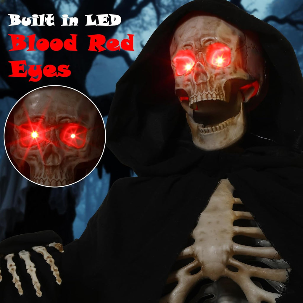 Quntis Halloween Talking Animatronics Outdoor Decoration - 7FT Tall Scary Animated Grim Reaper with Lighted Red Eyes Sound & Touch Activated - Creepy Poseable Skeleton Halloween Graveyard Decor Props