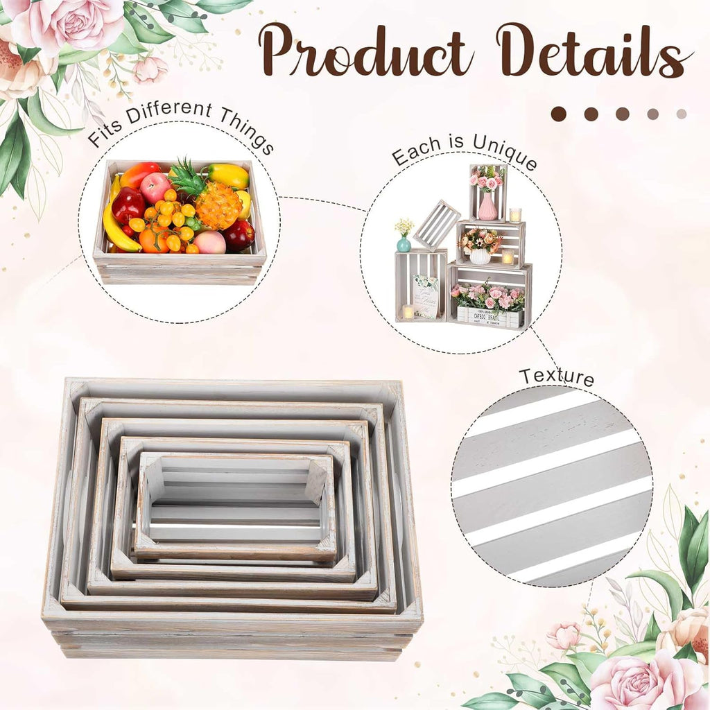 Soaoo 5 Pcs Decorative Nesting Wooden Crates for Storage Display 5 Size Large Small Rustic Wood Decorative Storage Crates with Handle Farmhouse Crate Box Container Made from Pine(Vintage Gray)