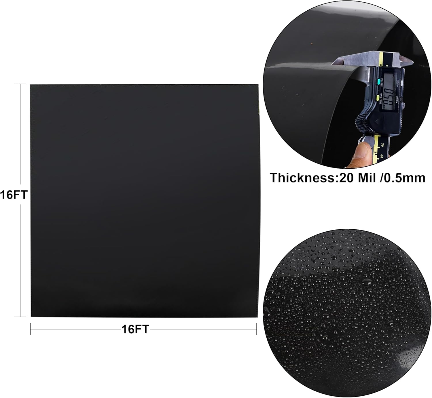 16 x 16 FT Pond Liner, 20 Mil Fish Pond HDPE Liner, Pond Liners for Outdoor Ponds, Koi Ponds, Garden Fountain, Waterfall