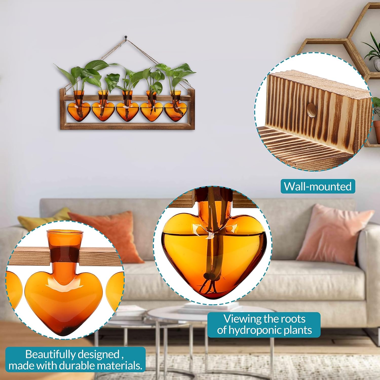 Plant Terrarium Hanging Propagation Stations Gift for Women Air Plants Holder with Wooden Stand Heart Glass