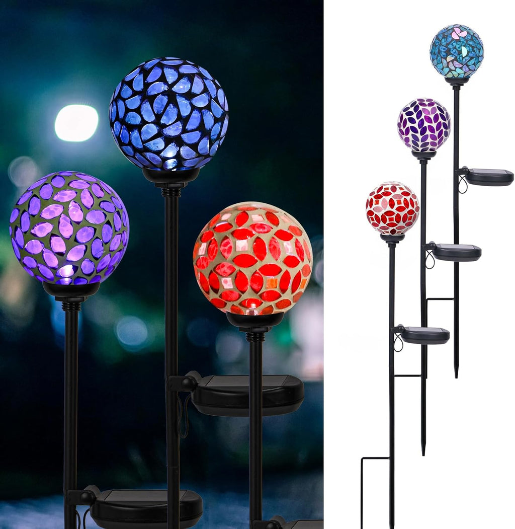 VCUTEKA Solar Garden Decorative Lights Outdoor, Mosaic Solar Light Waterproof LED Pathway Stake Light for Landscape Patio Yard Deck Walkway Decoration, 3 Pack （Blue&Purple&Red）