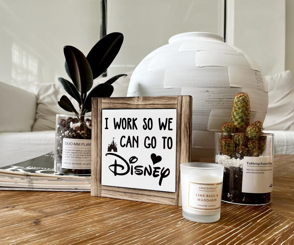 Inspirational Wood Signs, Box Wood Plaques Desk Décor, Decorative Plaques and Signs, Rustic Office Decor Art, Motivational Office Desk Decor, Farmhouse House Decoration, I Work So We Can Go to Disney