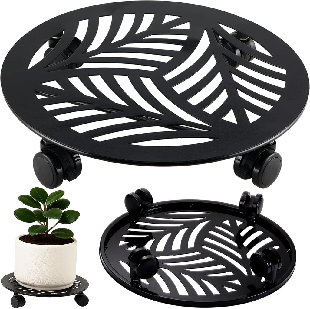 1 Packs Large Metal Plant Caddy with PU Wheels 13" Heavy-Duty Wrought Iron Rolling Plant Stands Indoor Outdoor Wheeled Plant Dolly Planter Mover Rollers Plant, Leaf Style