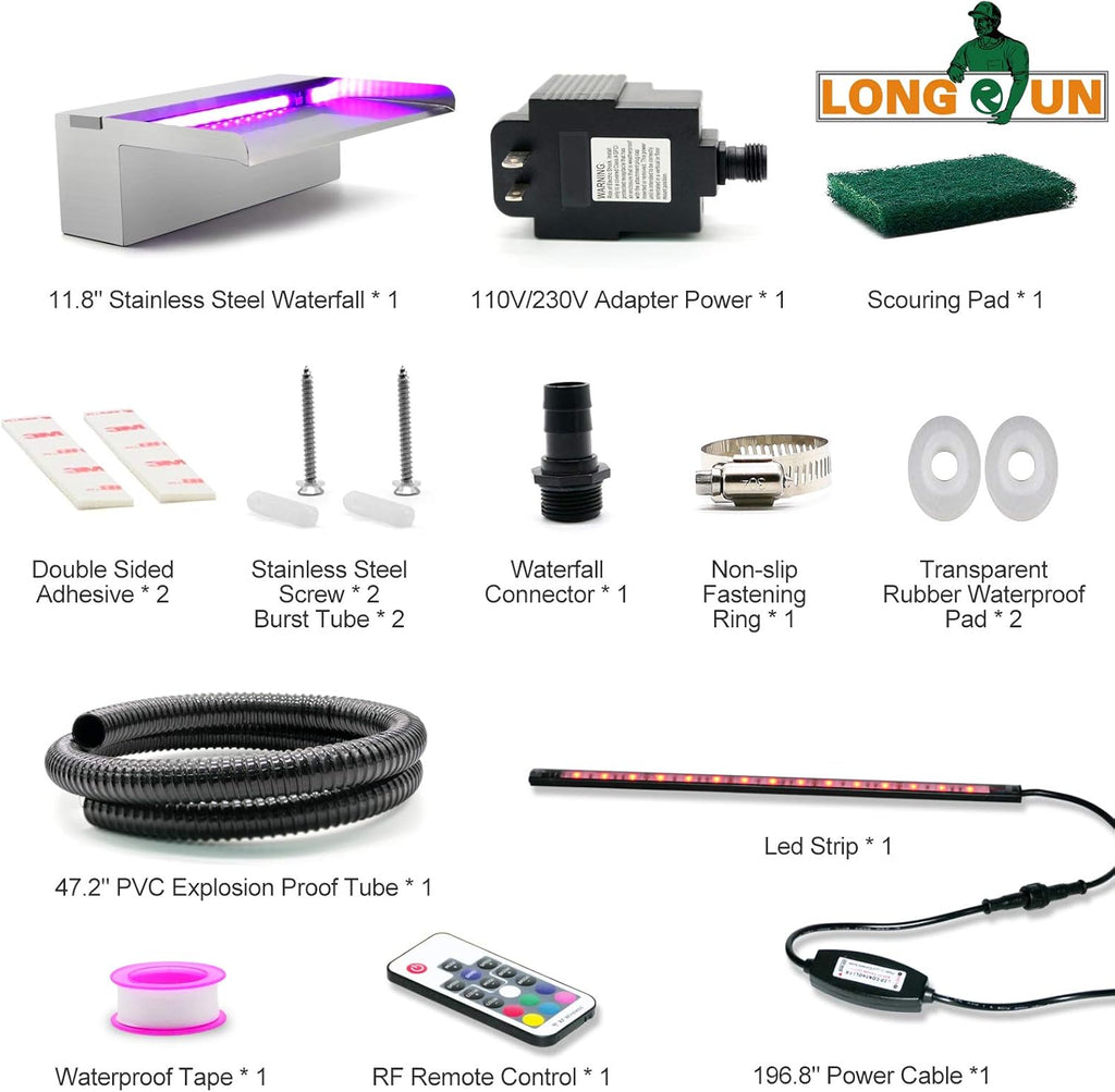 LONGRUN Waterfall Spillway Stainless Steel Pond Waterfalls with Color Changing LED Light, Outdoor Pool Fountain Water Spillway Waterfall Kit for Garden Patio Swimming Pool Koi Ponds Decoration-11.8"